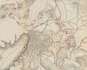 A zoom in on the troop positions to show them in greater detail. The names of regiments and divisions, as well as the names of their commanding officers can be seen, and descriptions of fortifications such as trenches and gun emplacements.Cuban forces are now to the north of the city, and additional American units have bolstered the lines.