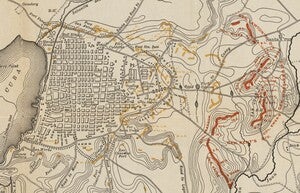 A zoom in on the troop positions to show them in greater detail. The names of regiments and divisions, as well as the names of their commanding officers can be seen, and descriptions of fortifications such as trenches and gun emplacements.