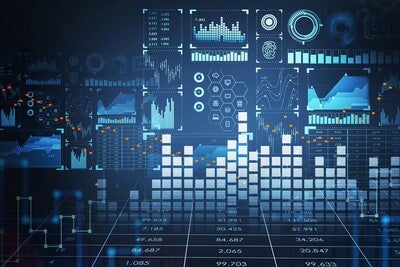 Illustration of various abstract digital graphics, graphs, statistics and data visualizations 