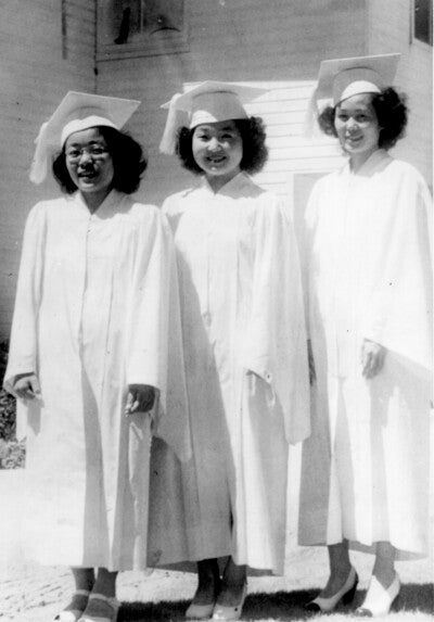 Caption: Image of female Japanese-American high school graduates at the Gila River War Relocation Center, 1945. CP SPC 8, Greater Arizona collection, ASU Library.