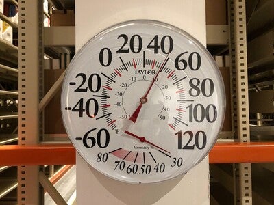 Thermometer showing temperature of warehouse