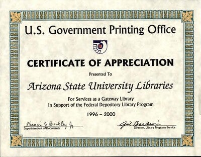 A certificate of appreciation for ASU Library from GPO in 2000. 